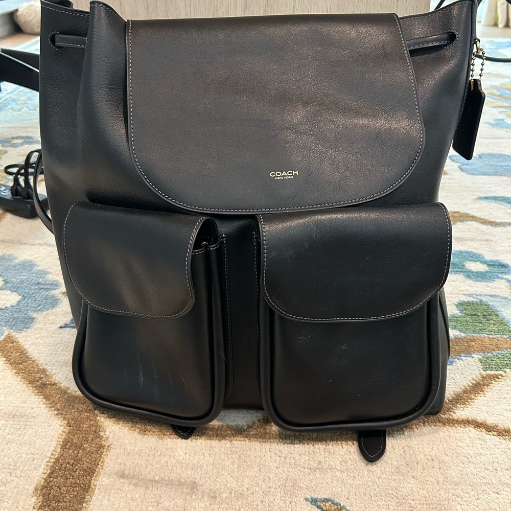 Coach Black Leather Men's Backpack with Dual Pockets